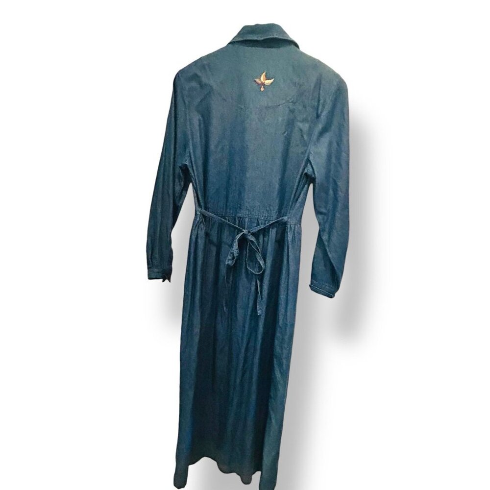 Vintage Cottagecore Denim Embroidered Prairie Dress Size Medium Back Tie Bird - Picture 9 of 14